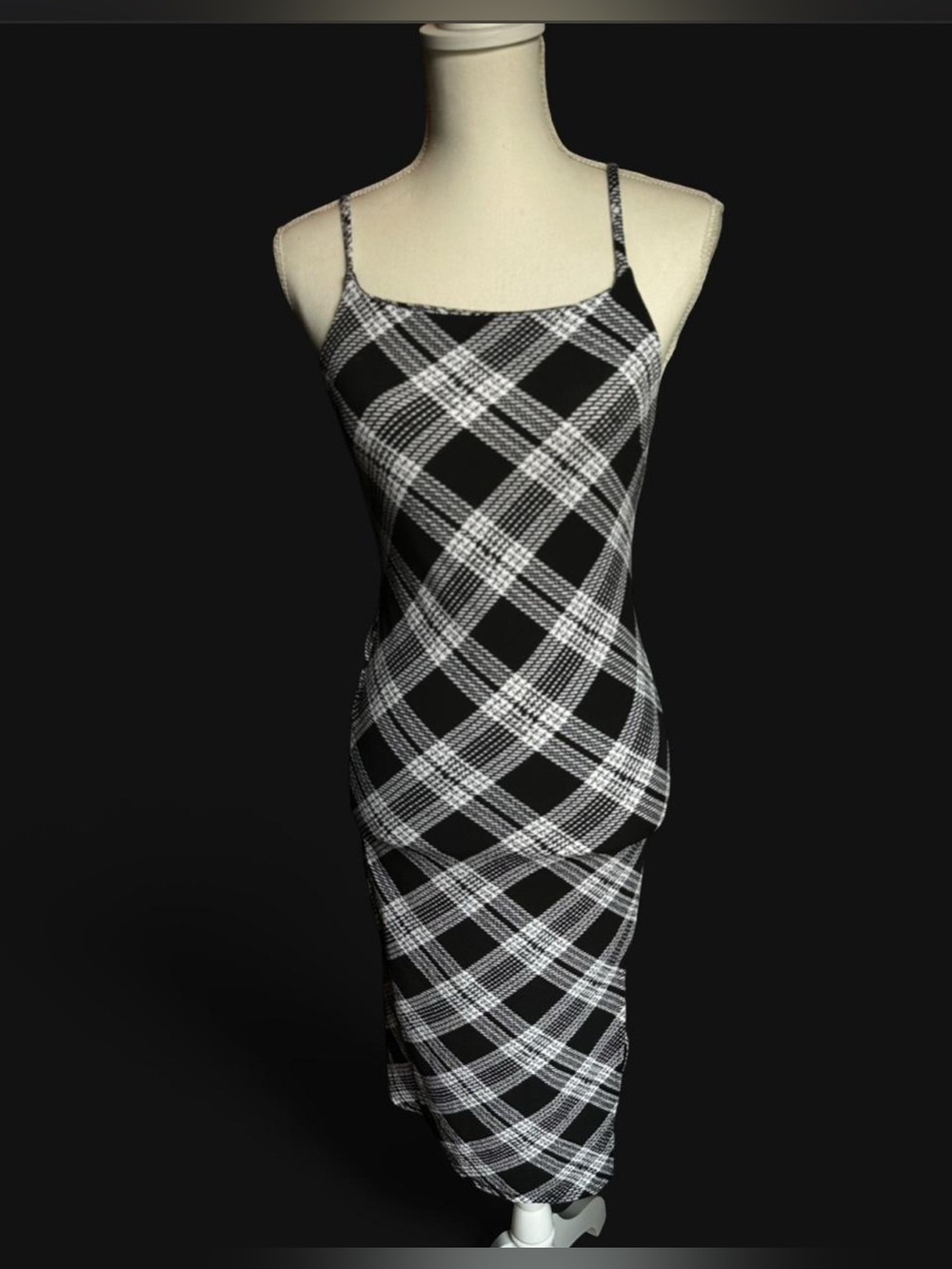 Black & White Plaid Spaghetti-Strap Midi Dress